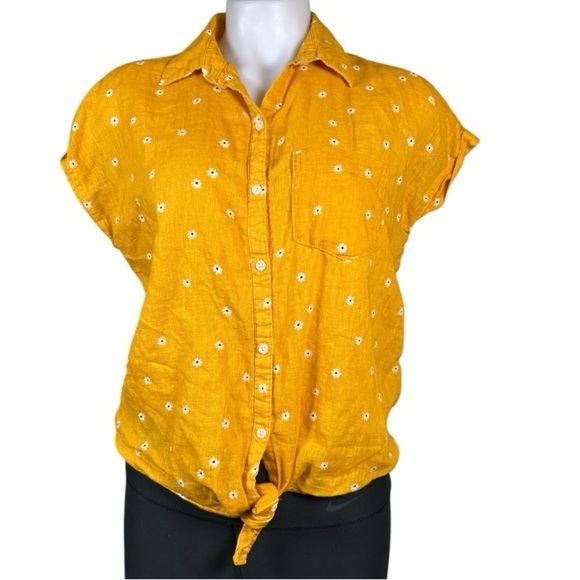 Old Navy Tops - Old Navy Womens M Yellow Flowers Linen Blend Button Up Shirt Sleeveless Tie